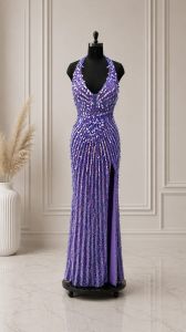 Purple Plunging V Neck Prom Gown