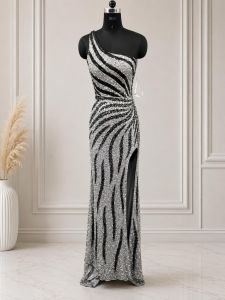 Silver Black Sequin One Shoulder Evening Gown