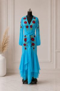 Sky Blue Embroidered Chiffon Maxi Dress