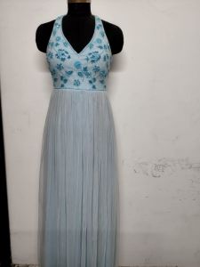 Sky Blue Floral Beaded V Neck Prom Gown