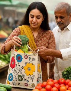 Floral Print Jute Shopping Bag