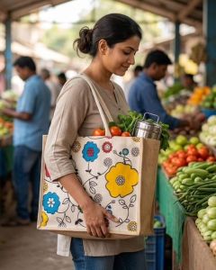 Floral Print Jute Shopping Bag