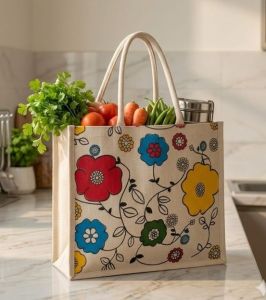 Floral Print Jute Shopping Bag