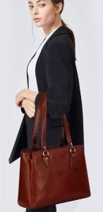 Ladies Premium Original Leather Office Tote Bag with Triple Zip Compartments