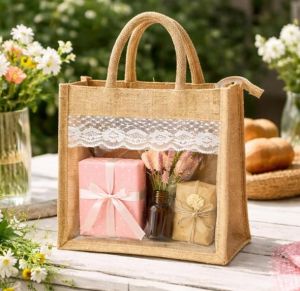 Premium Transparent Window Jute Gift Tote Bag
