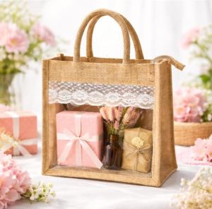Premium Transparent Window Jute Gift Tote Bag