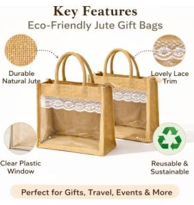 Premium Transparent Window Jute Gift Tote Bag