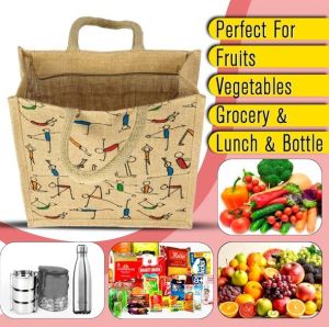 Premium Yoga Print Jute Grocery &AMP; Utility Tote Bag