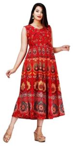 Ladies Red Cotton Printed Midi Dress