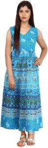 Ladies Sky Blue Cotton Printed One Piece Midi Dress