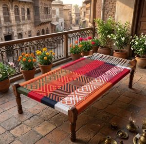 Wooden Charpai with Matching Mudda Stools Set For Hotel Cafe Restaurant