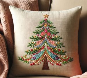 Handmade Christmas Tree Embroidered Cotton Cushion Cover