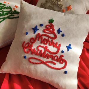 Merry Christmas Swed Fabric Embroidered Cushion Cover