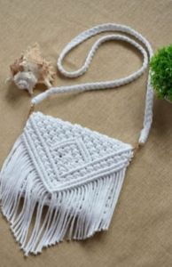 Whie  Cotton Macrame Cross Body Bag