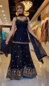 Black Embroidered Frendy Silk Sharara Set