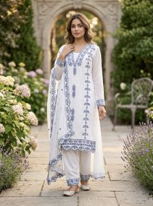 Cotton Thread Embroidered 3 Piece Suit Set