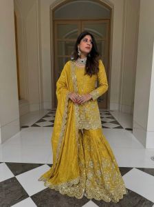 Designer Gmy Silk Sharara Suit Set
