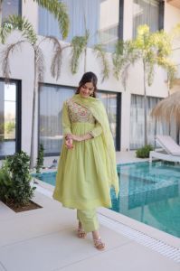 Designer Mal Chanderi Gown Pant Dupatta Set