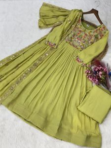 Designer Mal Chanderi Gown Pant Dupatta Set