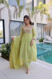 Designer Mal Chanderi Gown Pant Dupatta Set