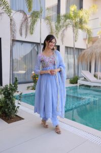 Designer Mal Chanderi Gown Pant Dupatta Set