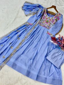 Designer Mal Chanderi Gown Pant Dupatta Set