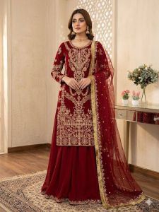 Designer Maroon Georgette Sharara Suit Set