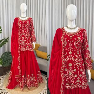 Designer Red Faux Georgette Sharara Set
