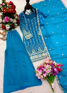 Embroidered Sequins Work Top Palazzo Dupatta Set
