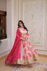 Fancy V Neck Embroidered Russian Silk Gown Set