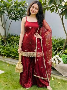 Fendy Silk Mirror Work Sharara Set