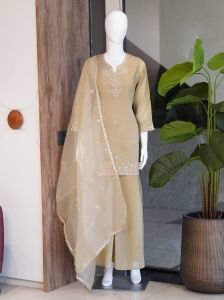 Light Beige Cosmos Fabric Palazzo Suit Set