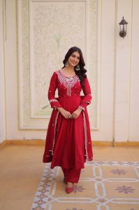 Mal Chanderi Red Embroidered Gown Set