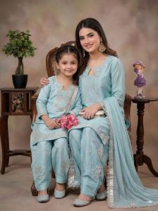 Mother Daughter Sky Blue Roman Silk Plazzo Set
