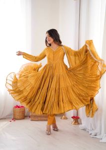 Mustard Yellow Chanderi Ruffle Gown Set