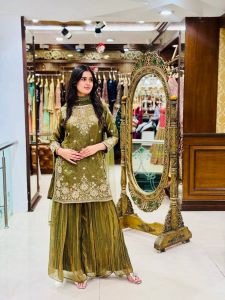 Olive Green Sequins Work Fendy Silk Palazzo Set