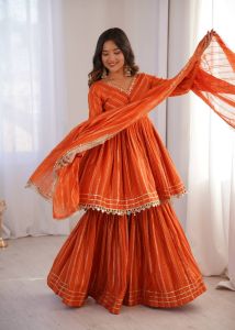 Orange Chanderi Mirror Work Sharara Set