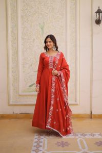 Orange Designer Russian Silk Gown Dupatta Set
