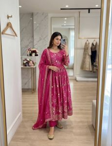 Pink Chinon Silk Gown Pant Dupatta Set