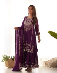 Purple Embroidered Chinnon Silk Sharara Set