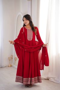 Red Designer Vichitra Silk Anarkali Set