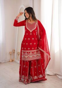 Red Embroidered Fox Georgette Sharara Set