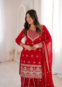 Red Embroidered Fox Georgette Sharara Set