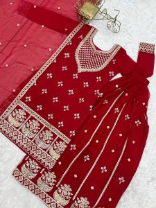 Red Embroidered Fox Georgette Sharara Set