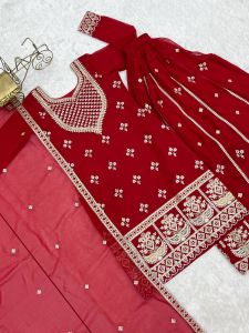 Red Embroidered Fox Georgette Sharara Set