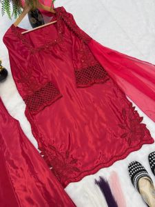 Red Heavy Crepe Silk Sharara Set