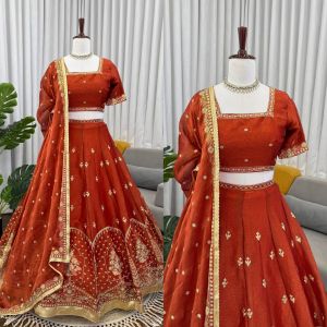 Rust Orange Krishma Silk Lehenga Set
