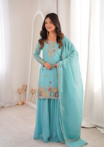 Sky Blue Crunchy Silk Sharara Set