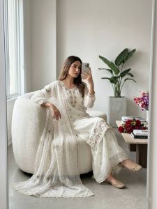 White Crunchy Silk Top Palazzo Dupatta Set