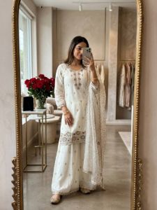 White Crunchy Silk Top Palazzo Dupatta Set